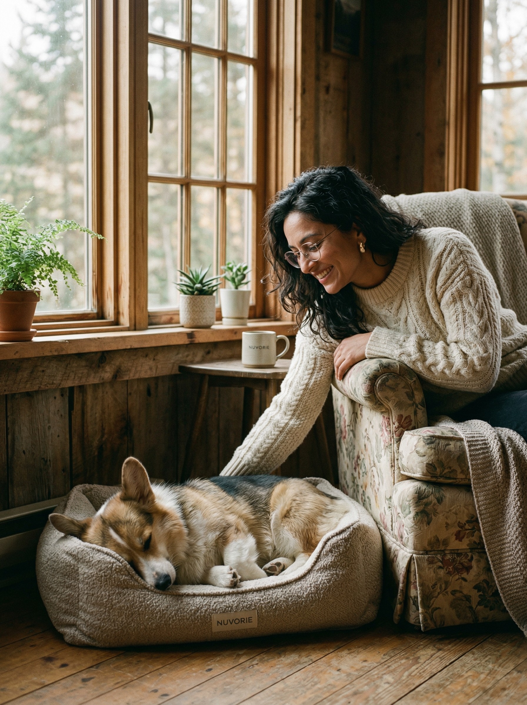 A smiling woman lovingly watching her Corgi sleep deeply in a soft Nuvorie plush pet bed by a sunny cabin window