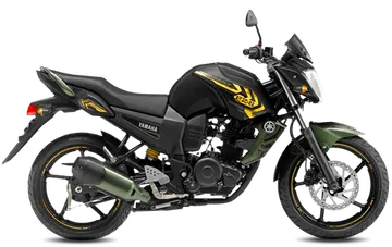 A black Yamaha motorcycle with gold accents, available for bikes for rent, featuring a modern design with visible engine and exhaust, supported on two wheels with a side view profile.