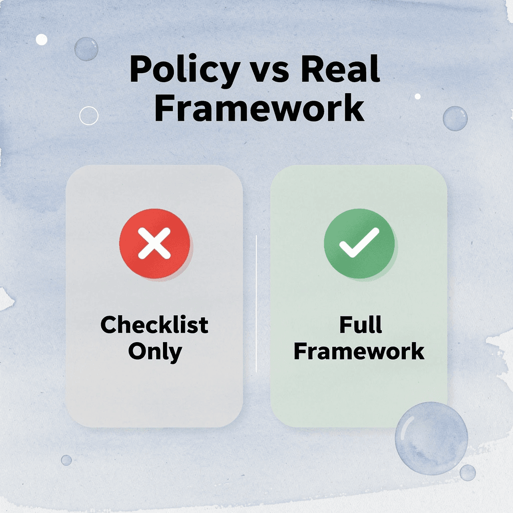 Before and after comparison of basic policy checklist versus a real AI governance framework
