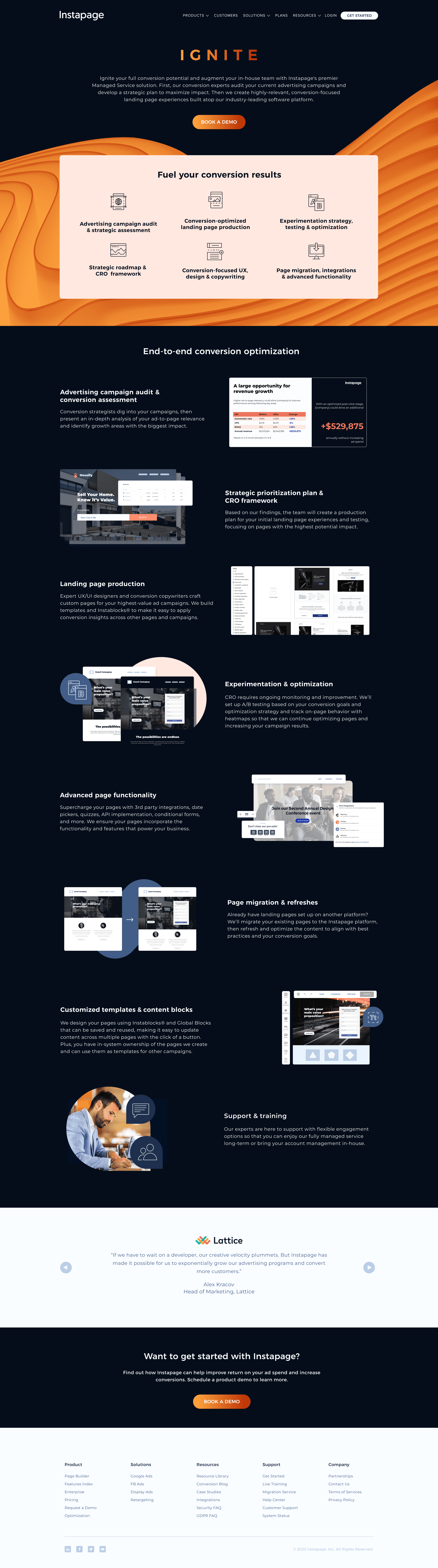 Ignite landing page featuring services, testimonials, and contact form