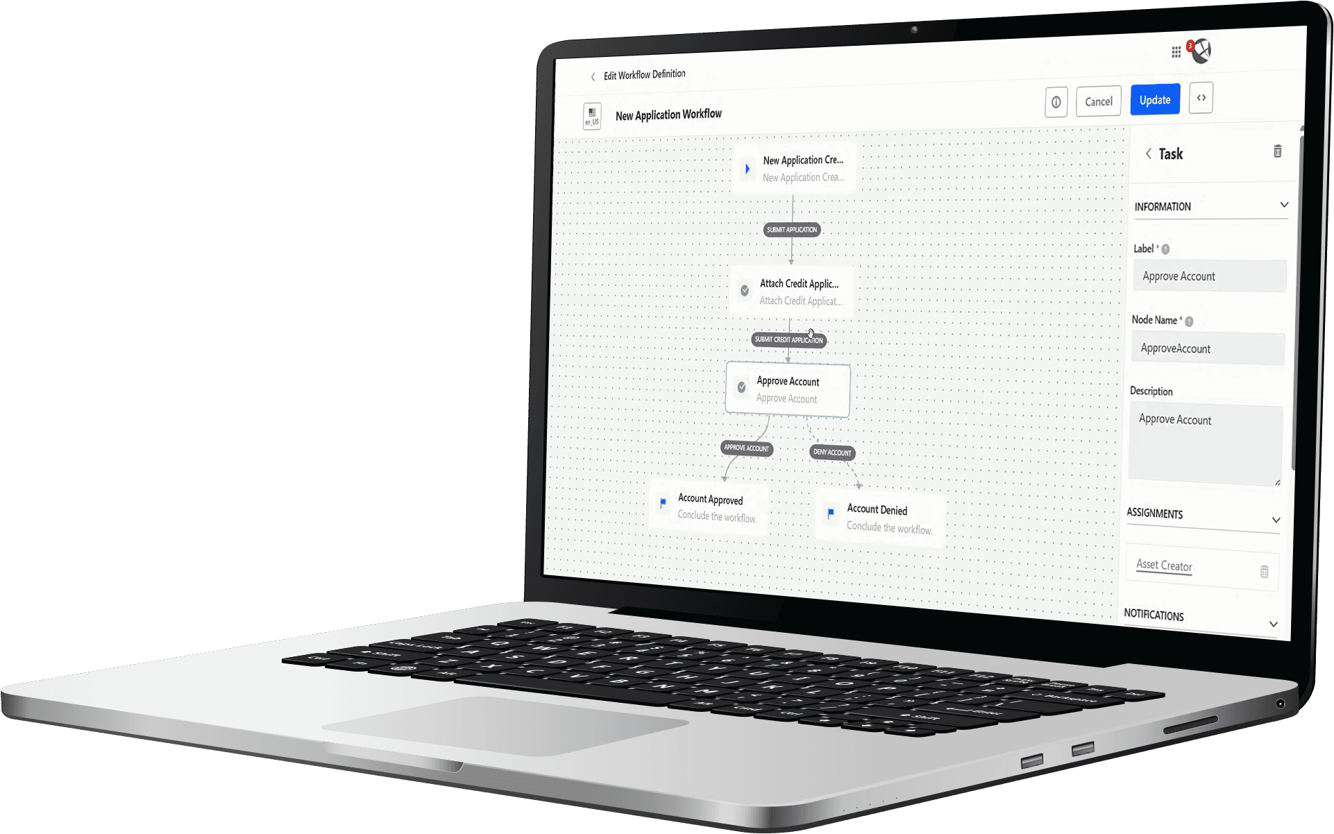 A laptop featuring a workflow on a grey background.