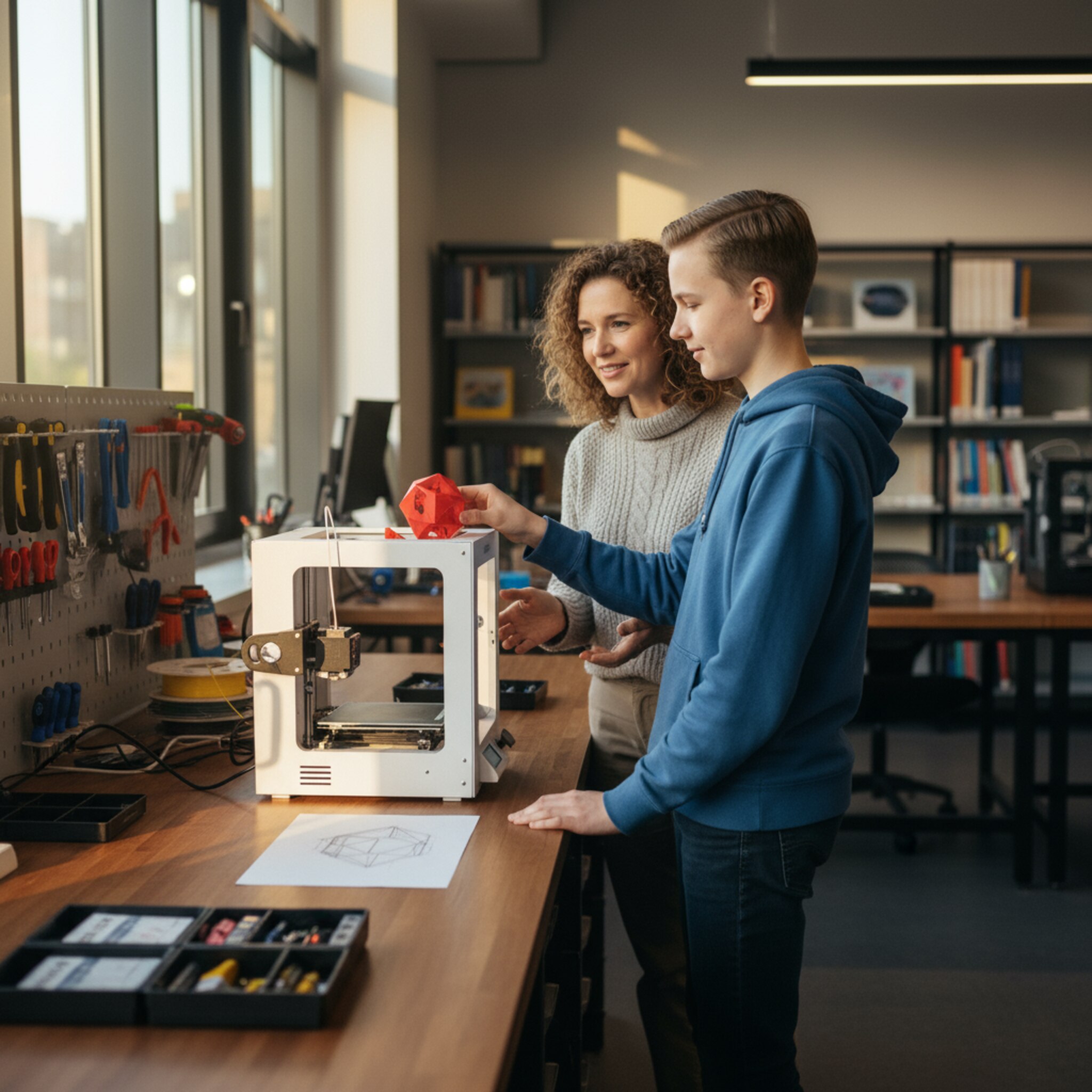 Ein Jugendlicher hebt vorsichtig ein frisch gedrucktes, rotes Modell vom 3D-Drucker und vergleicht es mit einer Skizze. Eine Mentorin lächelt und gibt leise Hinweise. Im Raum stehen Werkbänke mit Werkzeug. Durch das Fenster fällt warmes Nachmittagslicht. Die Szene wirkt konzentriert und kreativ.