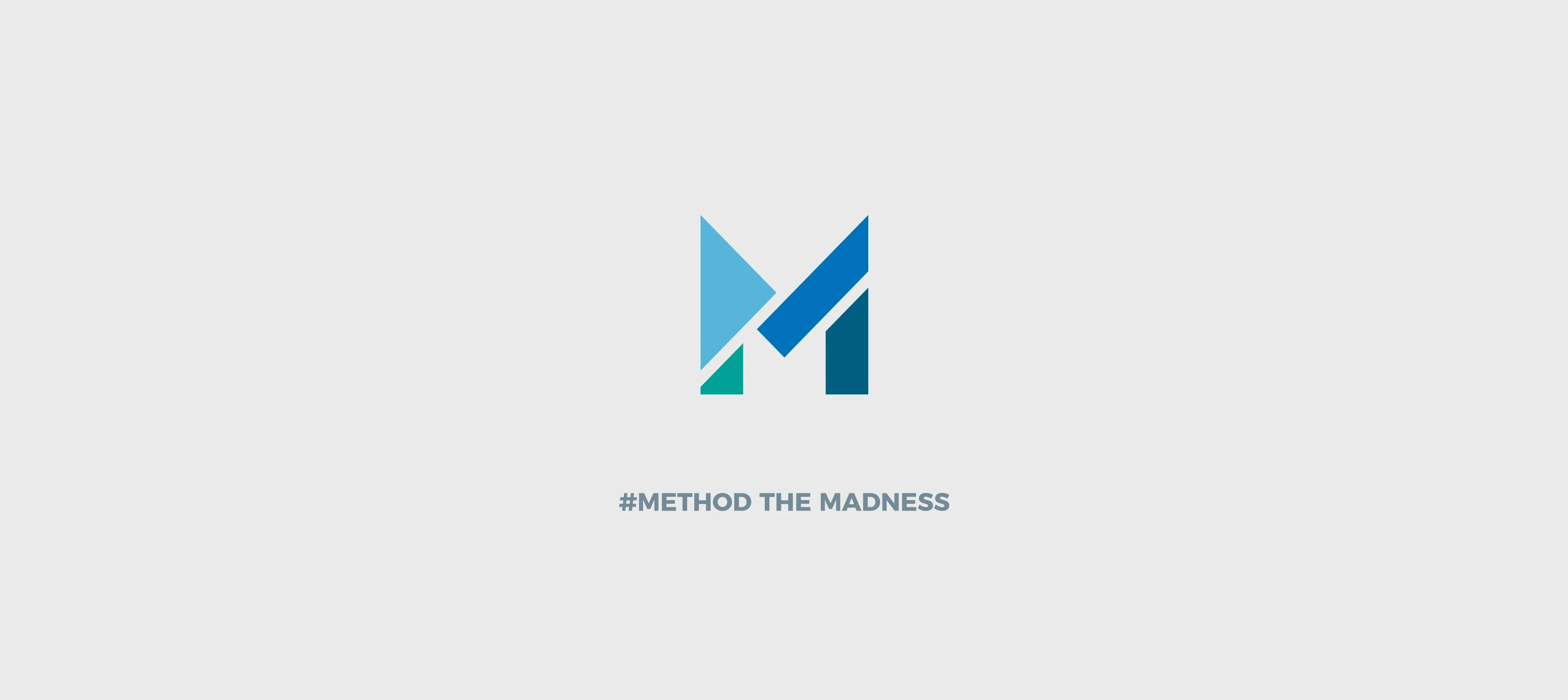 Method Consultants visual identity detail – Tangram-inspired logo with assertive slogan “METHOD THE MADNESS” in vibrant turquoise and blue by Teatime Studio.