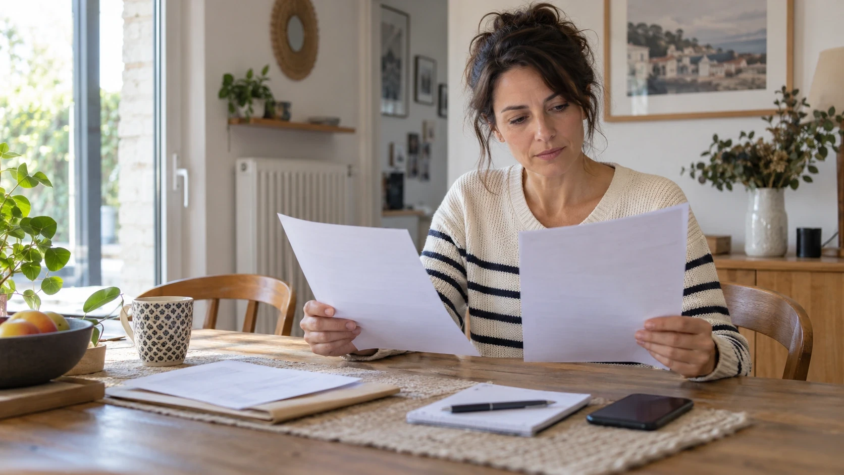 Une femme compare des documents de facture et de contrat près d’un radiateur dans une salle à manger lumineuse.