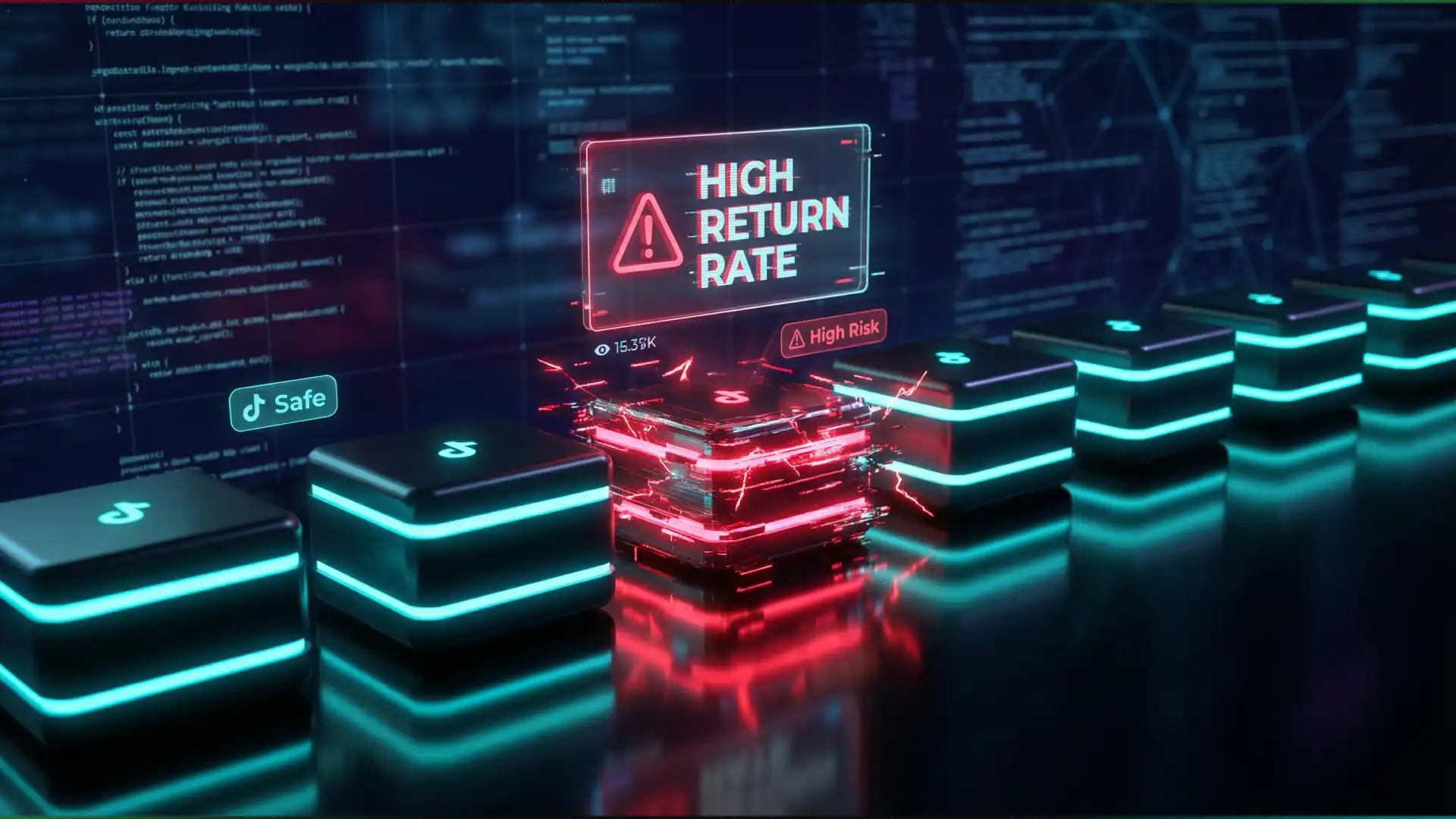Futuristic 3D concept showing high return rate warnings and risk alerts on digital TikTok Shop inventory blocks.