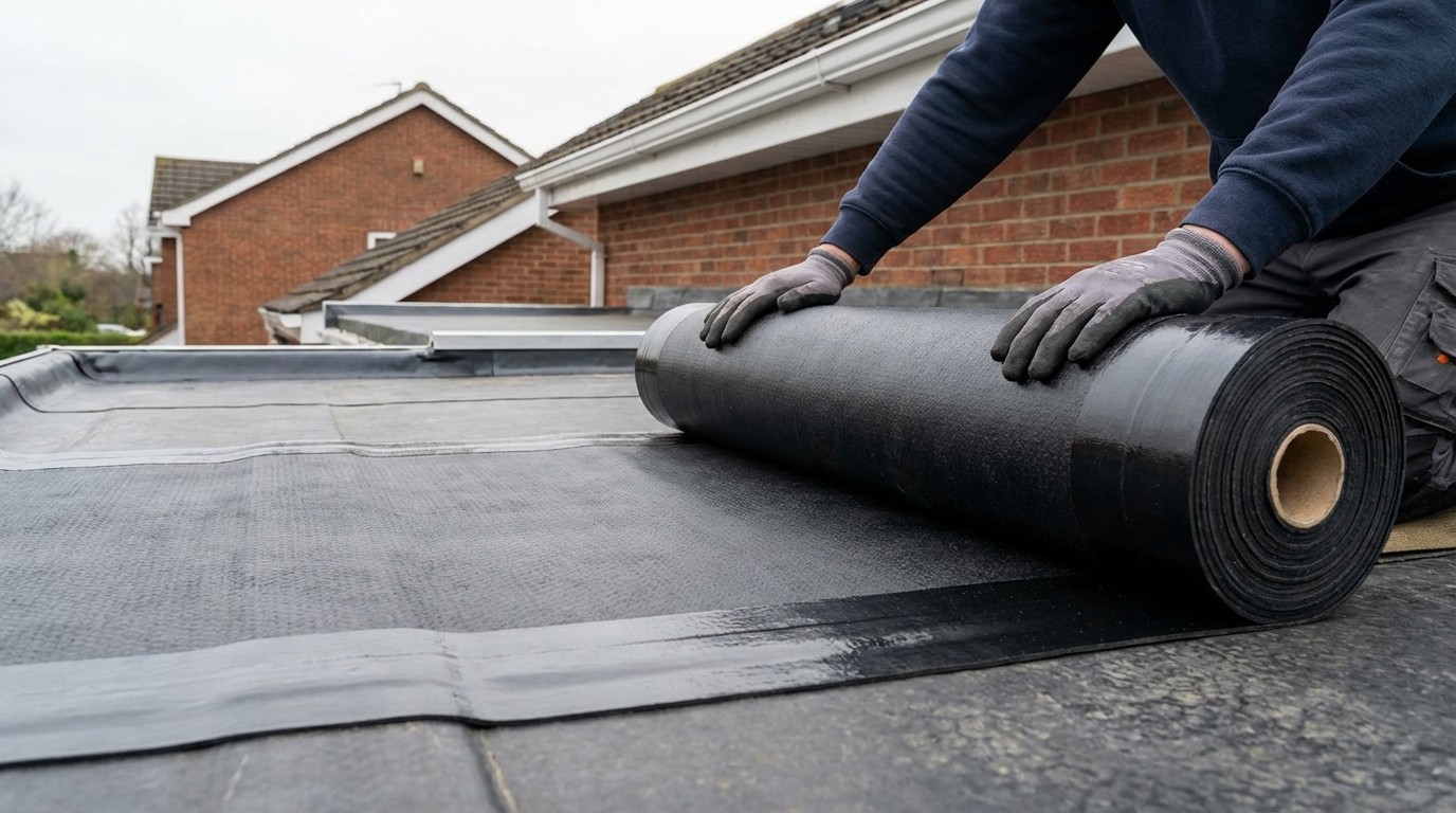 EPDM rubber flat roof installation on residential garage