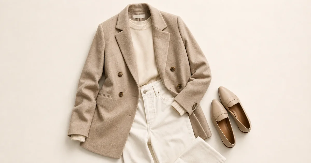 Hero garment beside a phone showing a matching outfit for plan outfits for the week on a warm ivory background