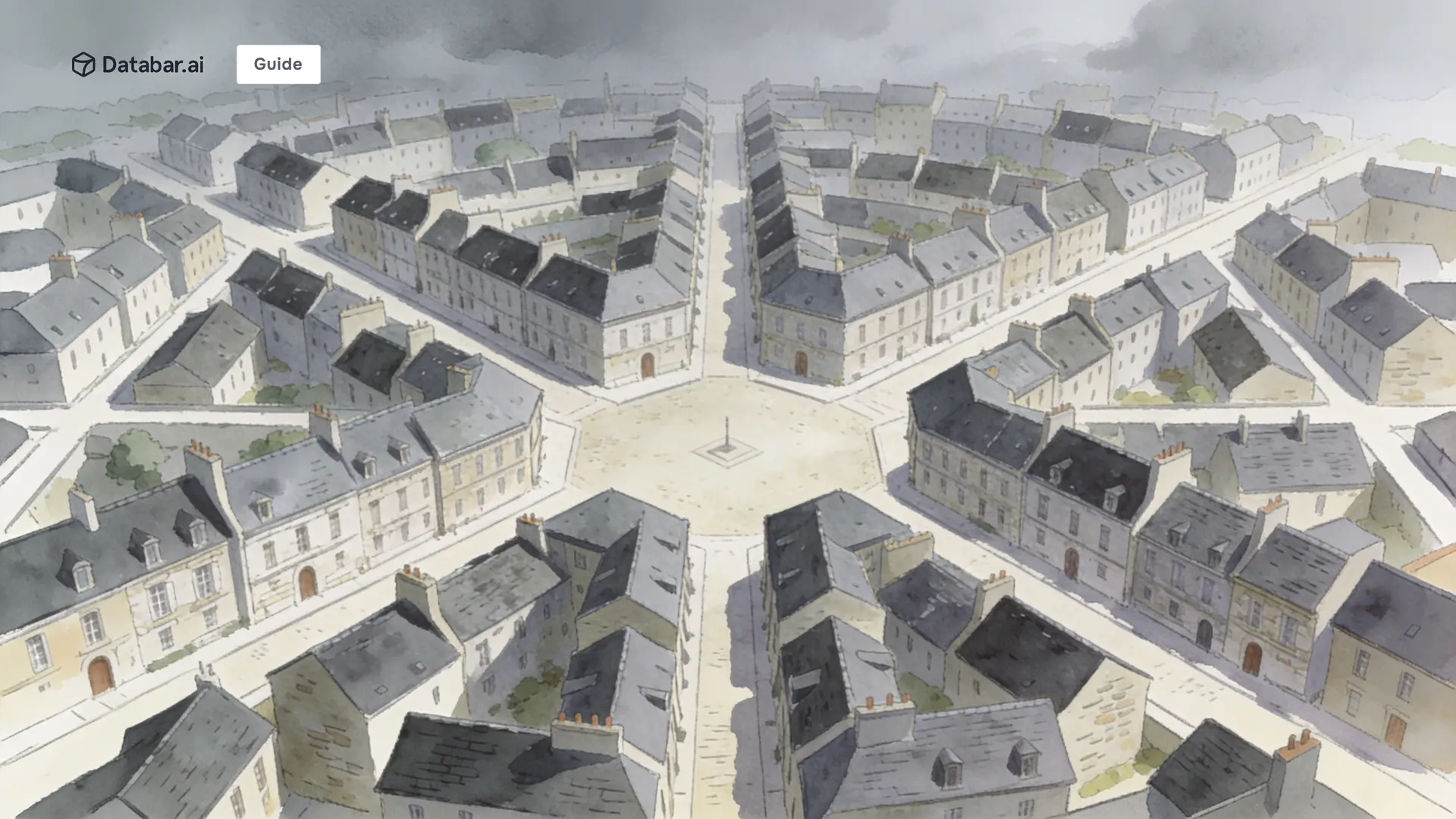 B2B go-to-market strategy, illustrated as a planned town under overcast sky, streets radiating in a clear grid from one central square