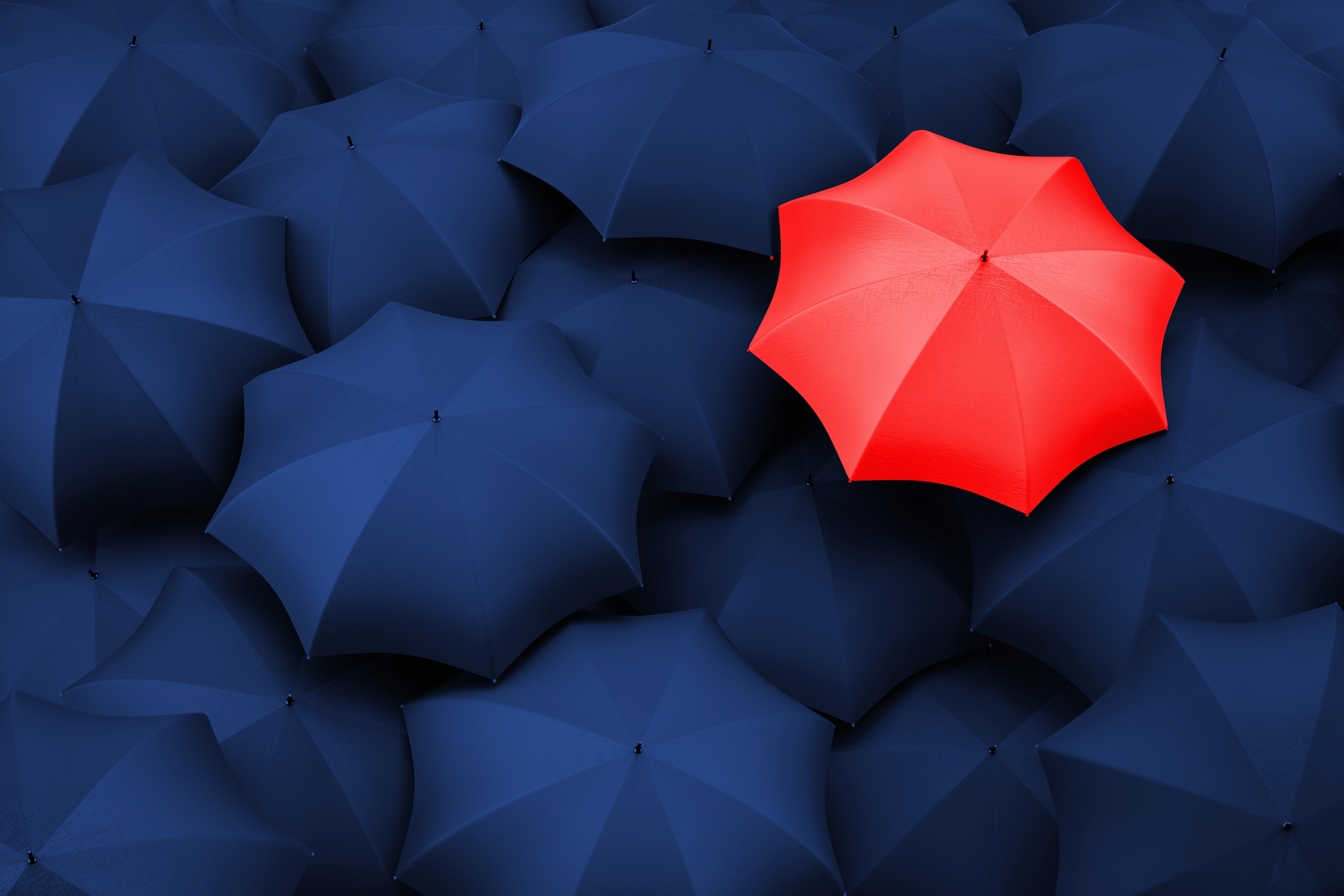 A red umbrella is shown among a group of blue ones, designed to represent how funds are held separately