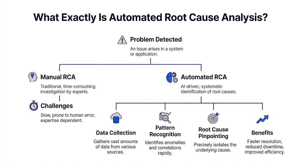 A flowchart explaining automated root cause analysis compared to manual methods, detailing data collection, pattern recognition, and benefits.
