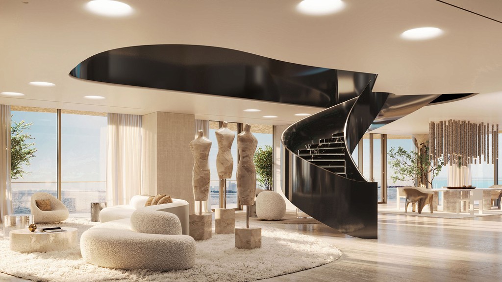 A modern living room featuring a stylish spiral staircase, designed by Maison Margiela, showcasing contemporary elegance.