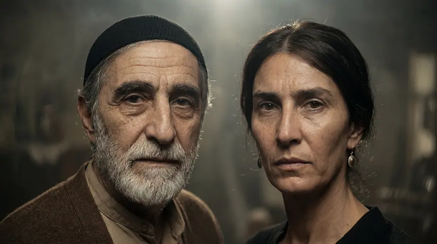 An older man and woman side by side, looking to camera