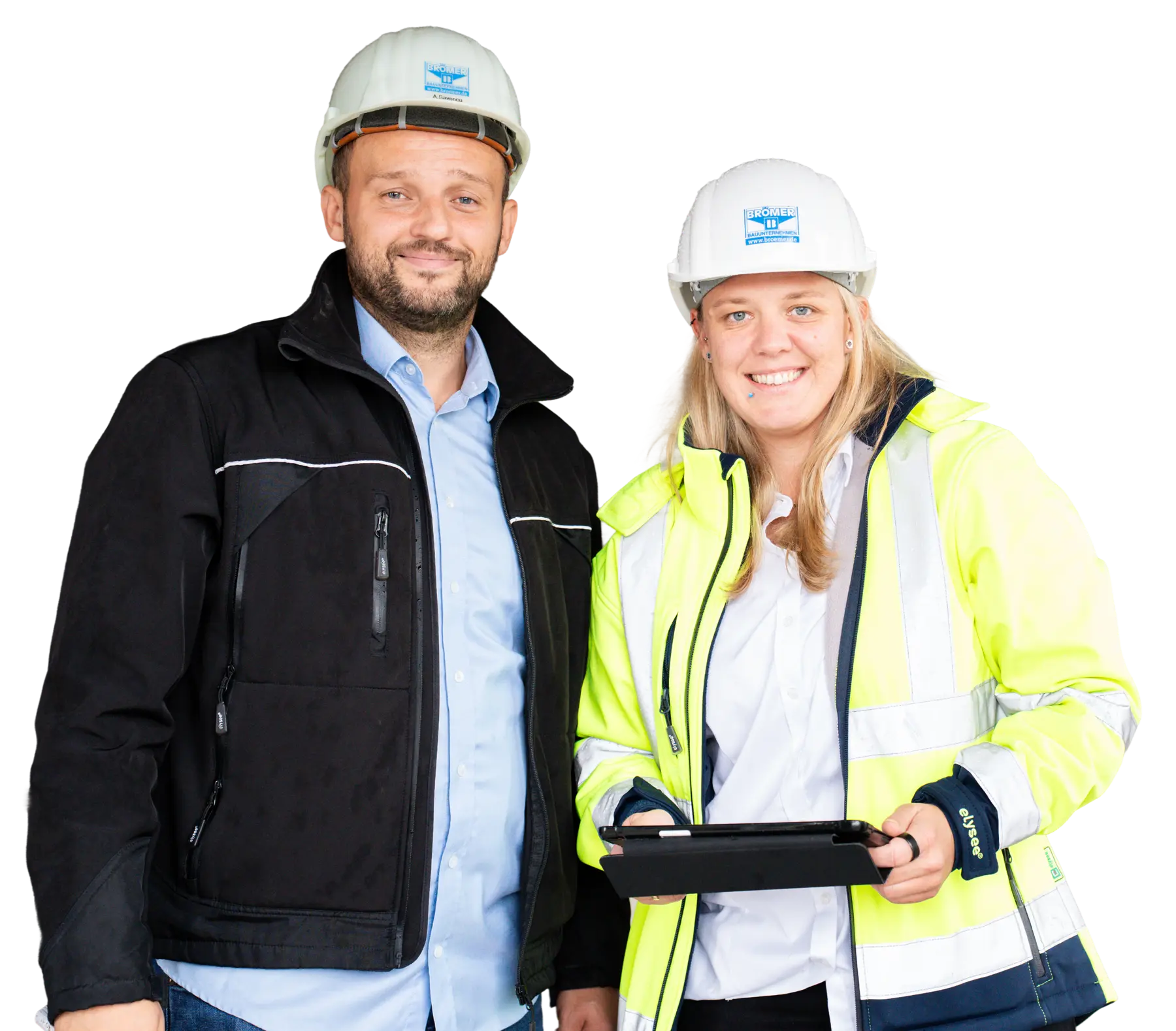 Zwei Brömer-Mitarbeiter mit Helmen