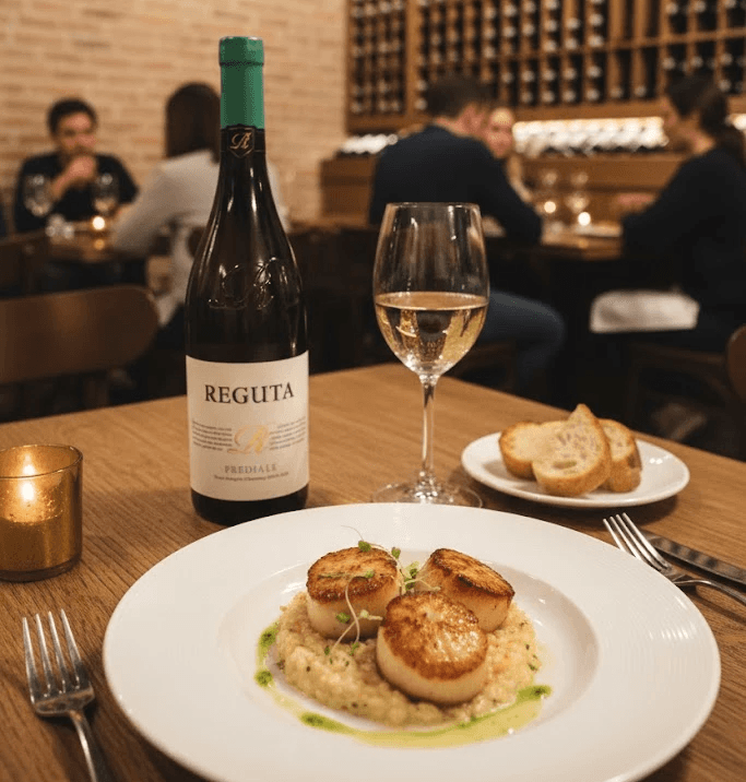 Elegant table setting with a bottle and glass of Pinot Noir, perfect for a refined wine-tasting evening.