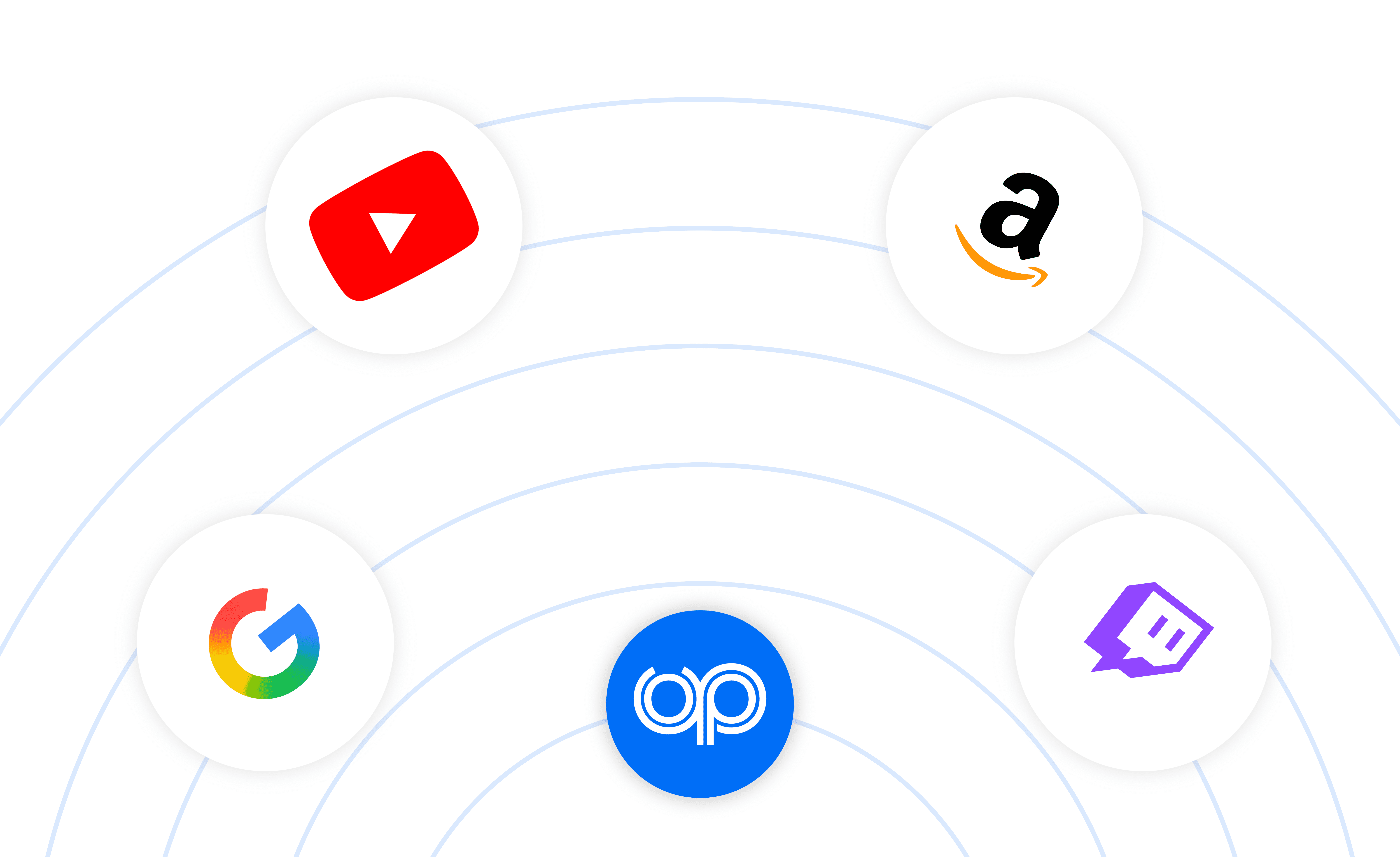 The OpenUp logo centered inside concentric circles with popular social media and e-commerce app icons orbiting it, representing automated app detection.
