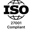 "ISO 27001 Compliant" in black letters beneath a stylized globe, symbolizing adherence to international information security standards.