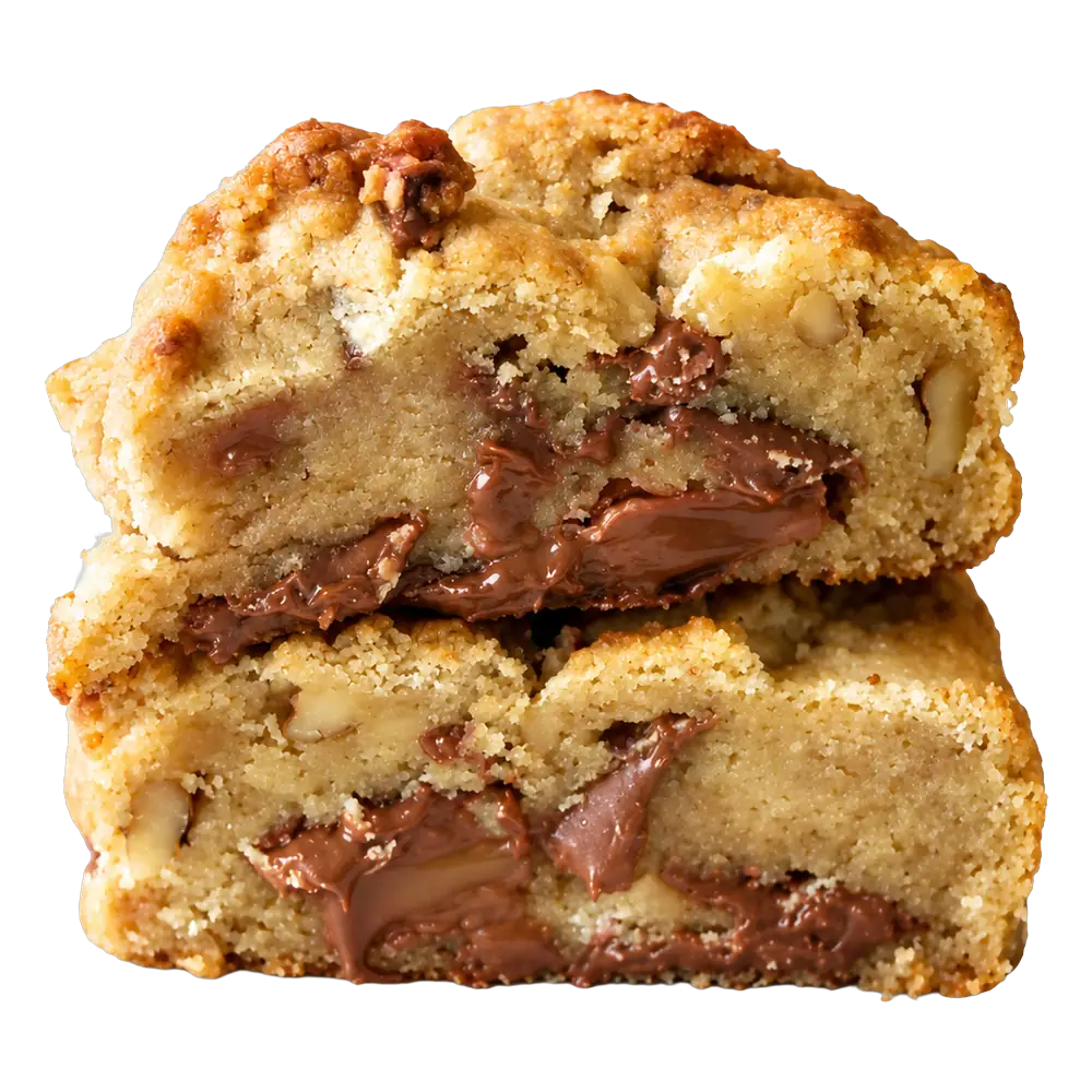 Cookie bio chocolat au lait et cerneaux de noix coupé en deux, chocolat au lait fondant | Cookie bio chocolat au lait noix