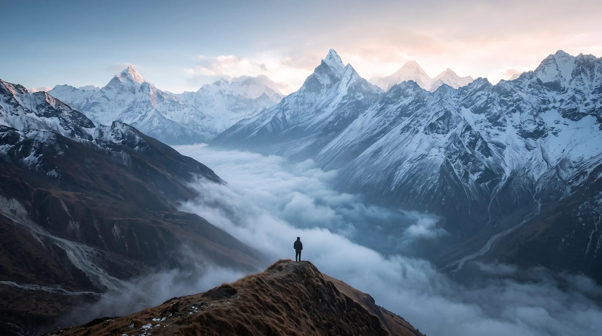 A lone figure on a summit above a valley of cloud, facing distant snow-capped peaks.