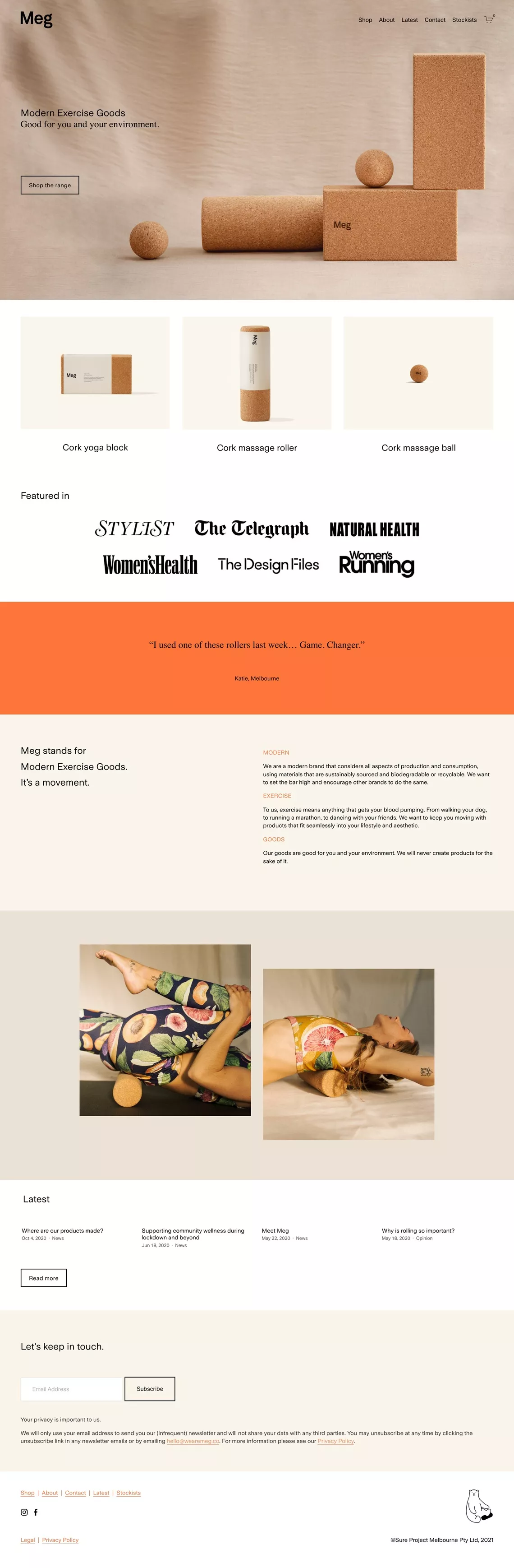 Meg - Modern Exercise Goods ecommerce page screenshot showcasing Health & Fitness and Design design