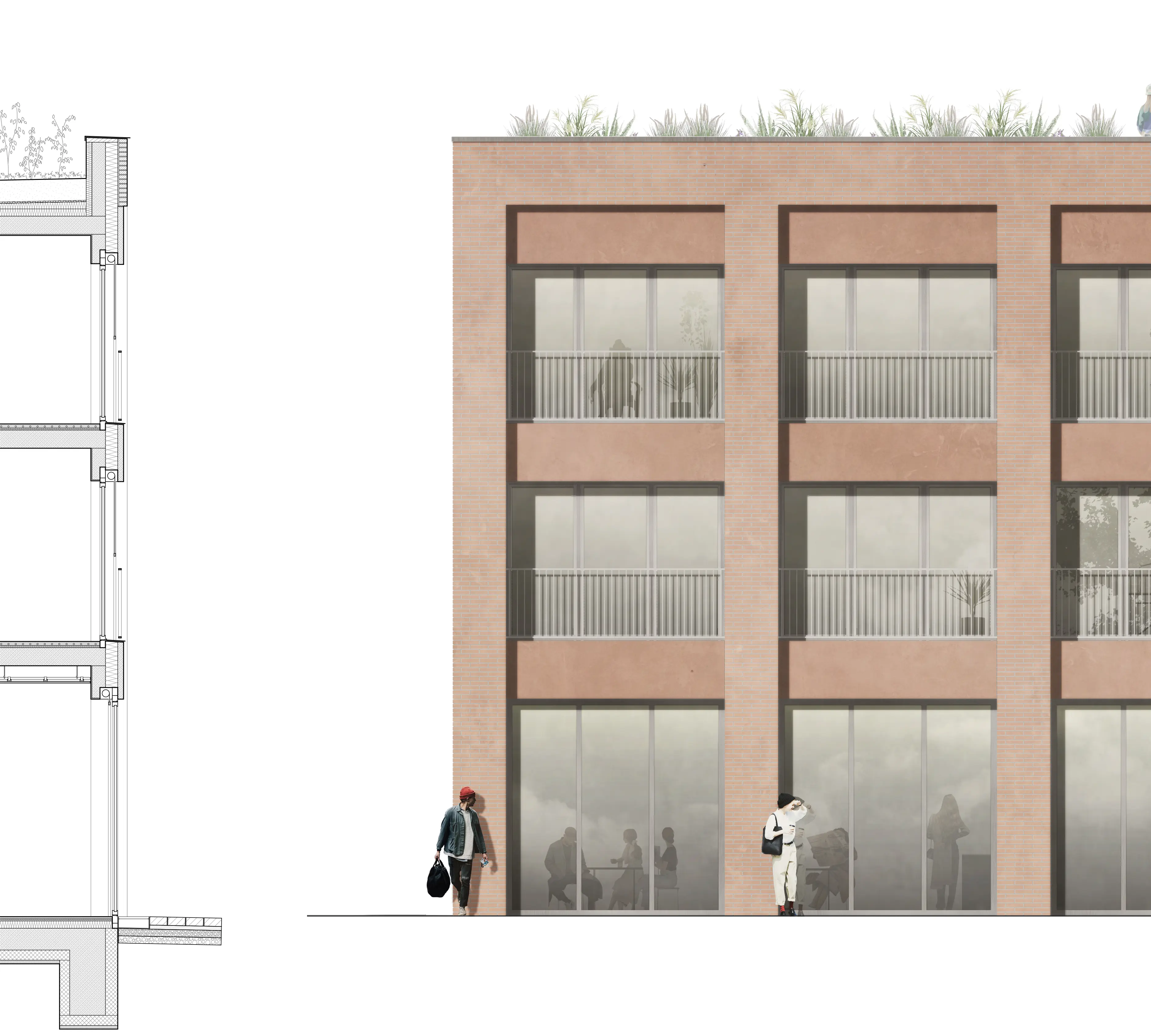 Detaildarstellung, Ansicht und Schnitt, einer des Riegelneubaus auf dem Areal der papierfabrik Wolfswinkel in Eberswalde