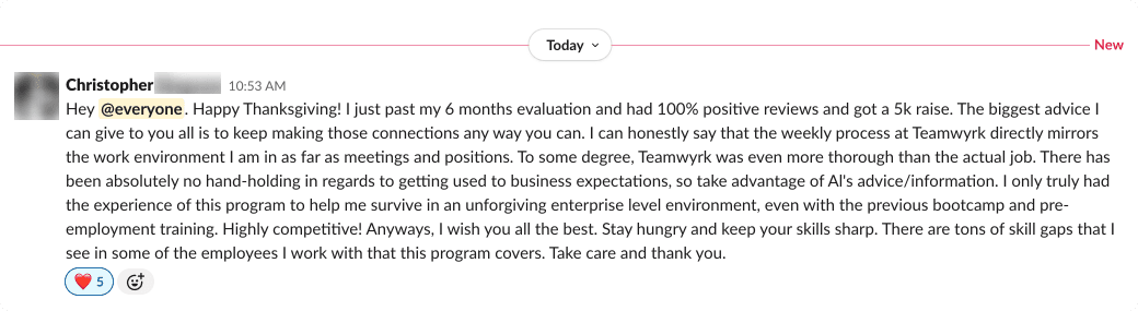 Student post on Slack channel in Preintern