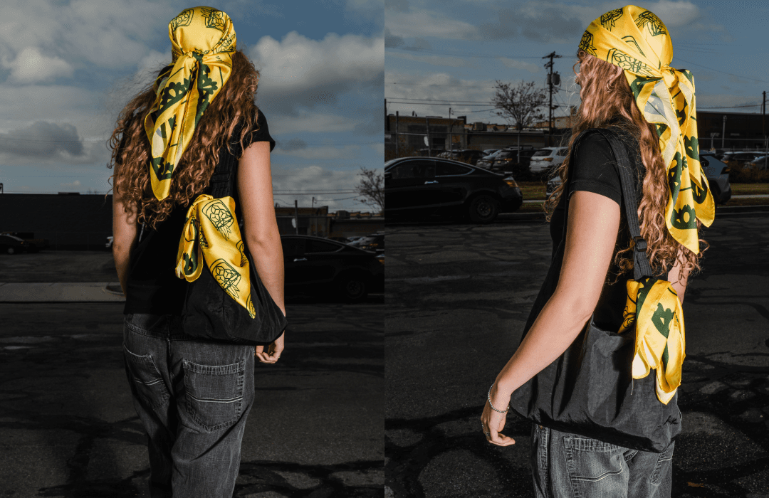 Two angles of the same model wearing a green and yellow silk scarf on a black bag and her head.