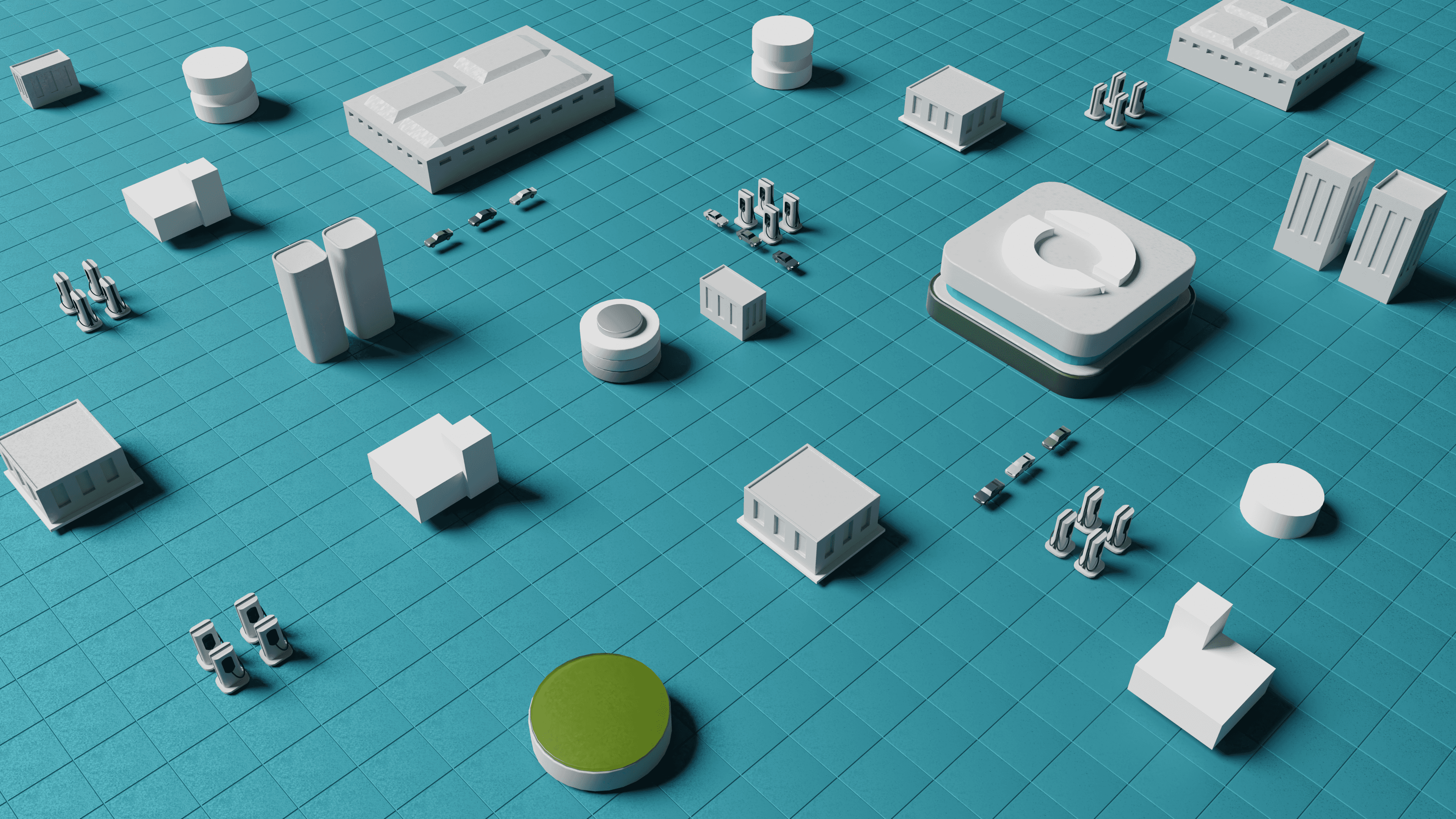 Spacious modern office with large windows, indoor plants, and people working at shared desks.