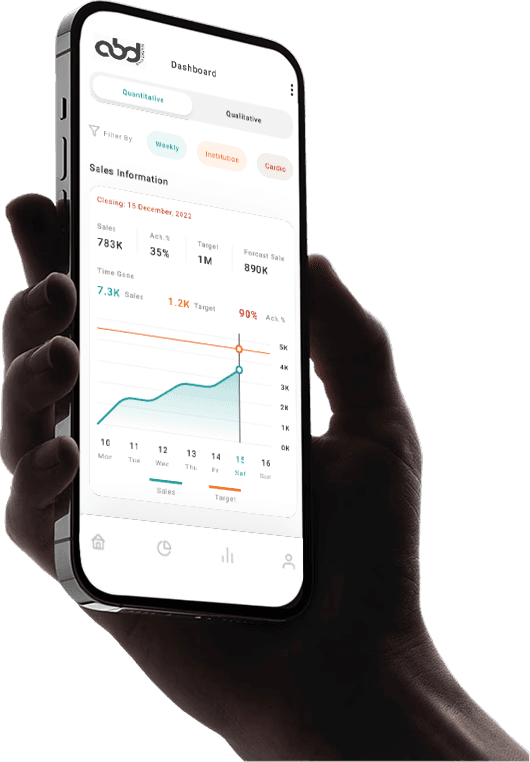 Hand holding a smartphone with a blank screen against a dark background.