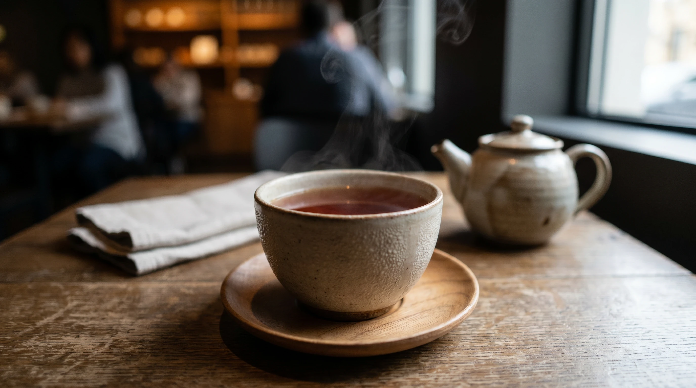 white and brown ceramic teapot on wooden tray