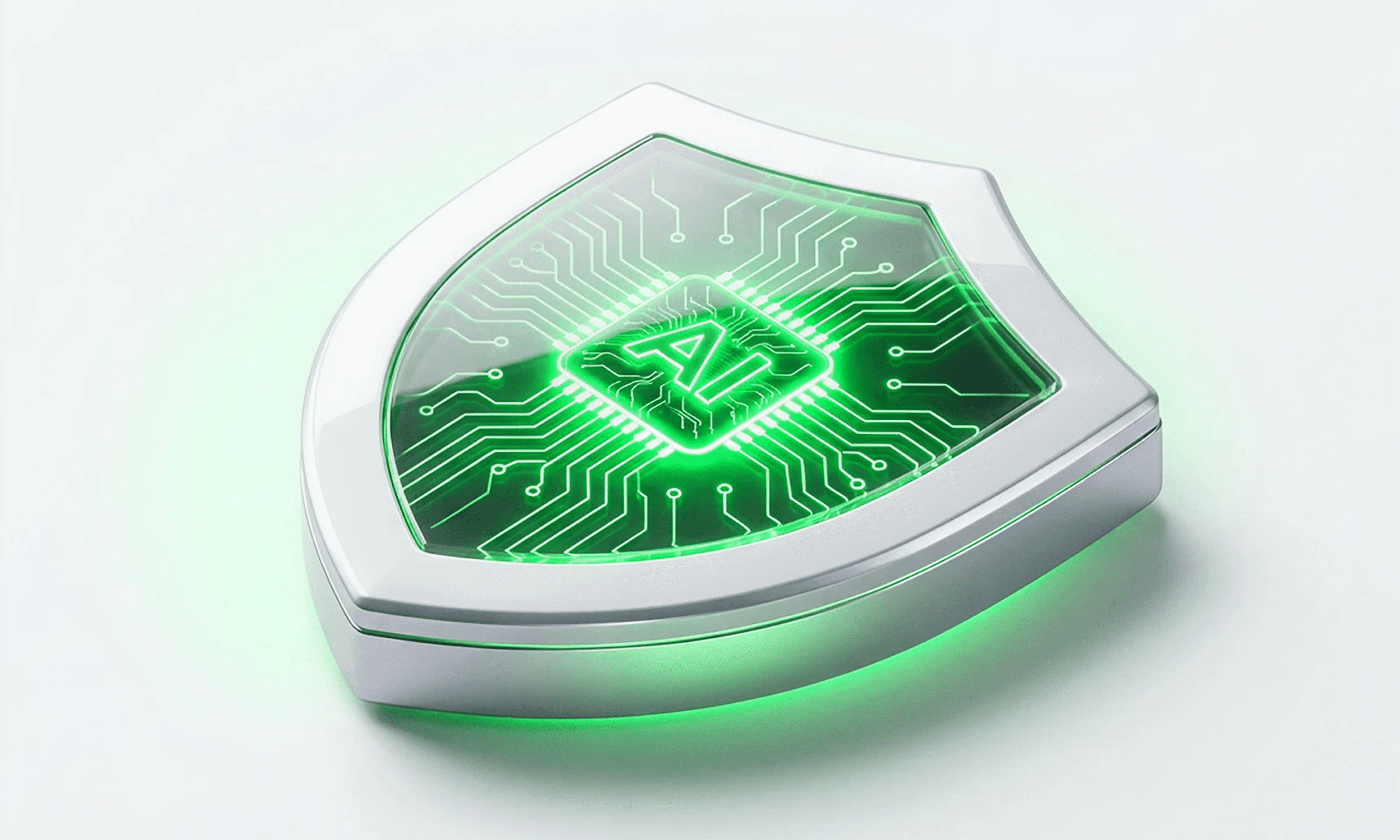 A shield with an AI chip and circuit board pattern glows green.