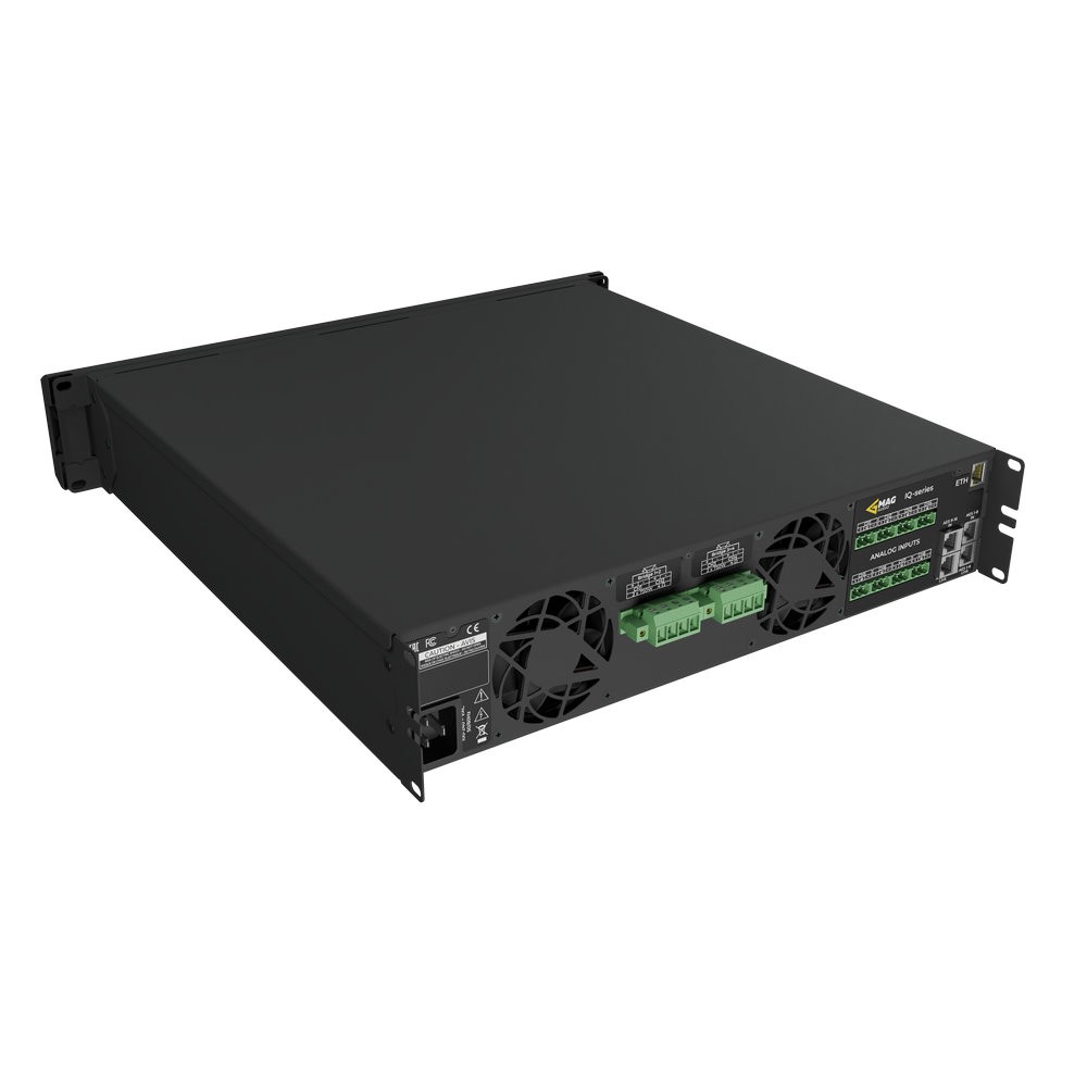 Black rackmount device with fans and input connectors