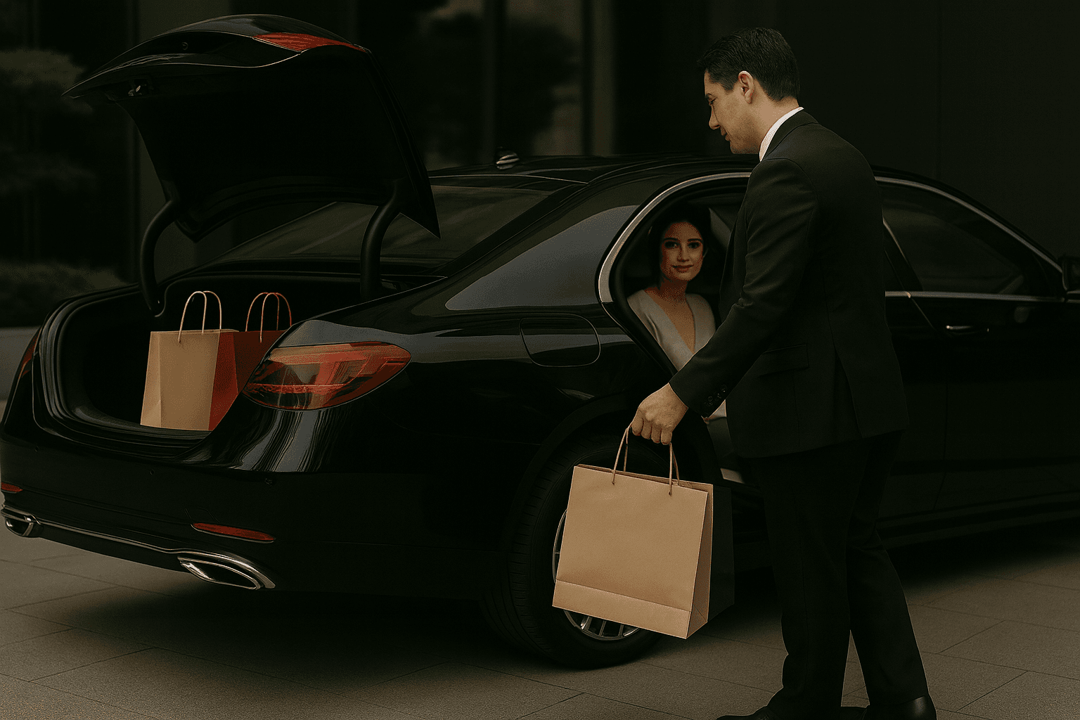 Chauffeur carrying a suitcase while walking toward a luxury car, ready for a client pickup.