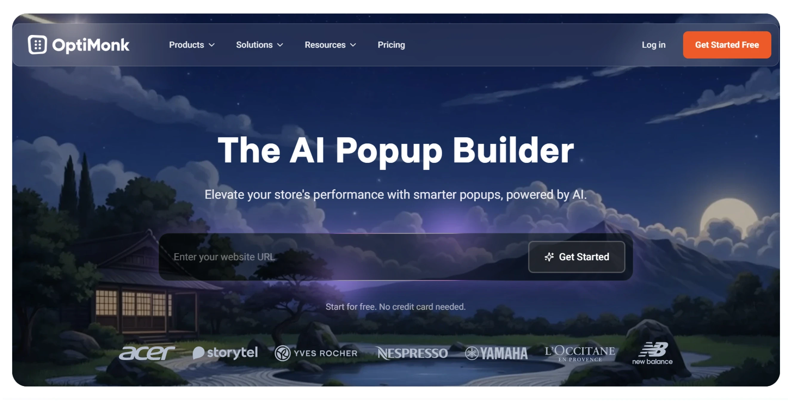 OptiMonk website hero section featuring the headline “The AI popup builder”
