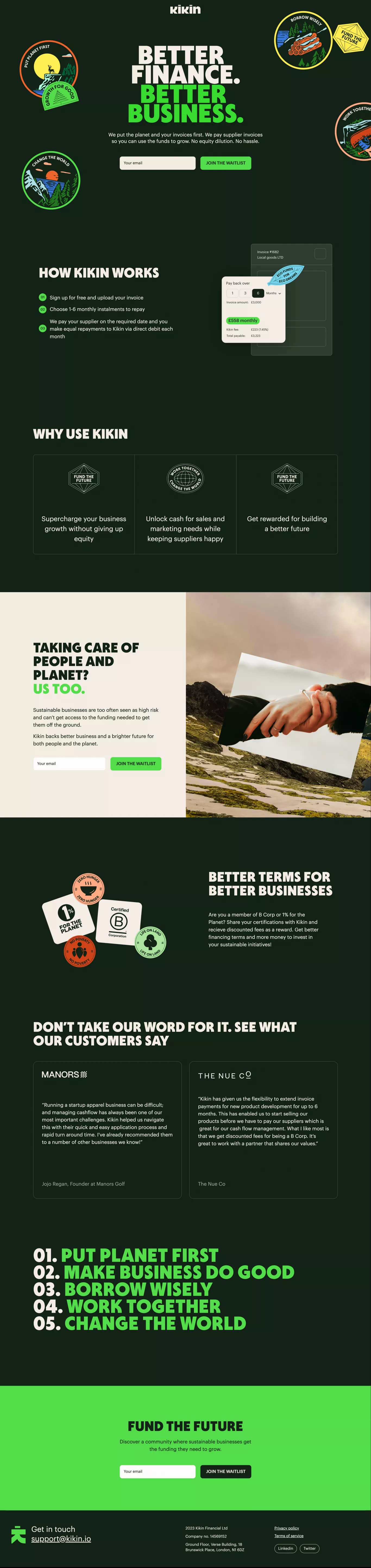 Kikin Finance landing page screenshot showcasing Finance and Nature design