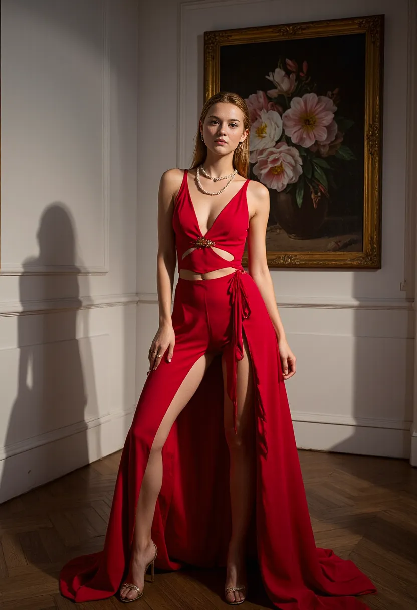 Vibrant red dress with cutout design photographed in an elegant interior setting with classical floral painting and dramatic lighting