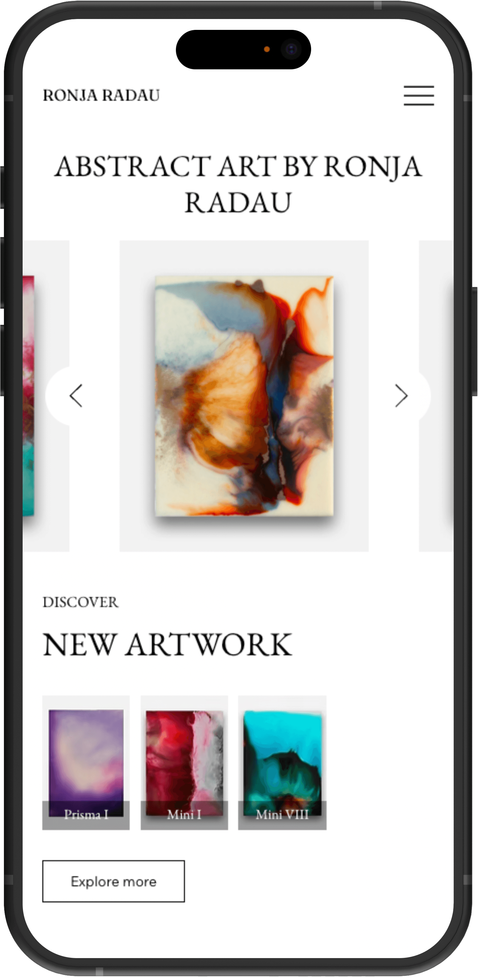 Mobile website design for an abstract art portfolio, featuring a hero image carousel and a new artwork section with a grid of three paintings