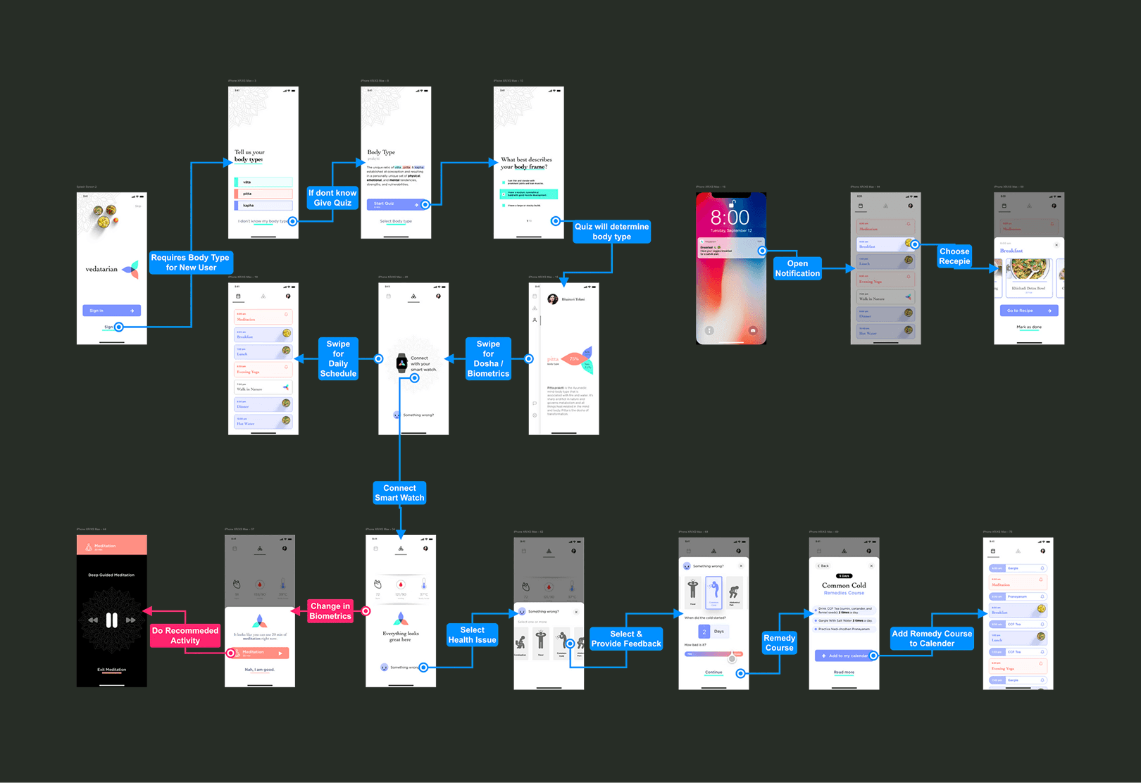 End-to-end product flow connecting onboarding, biometrics, habits, and personalized recommendations.