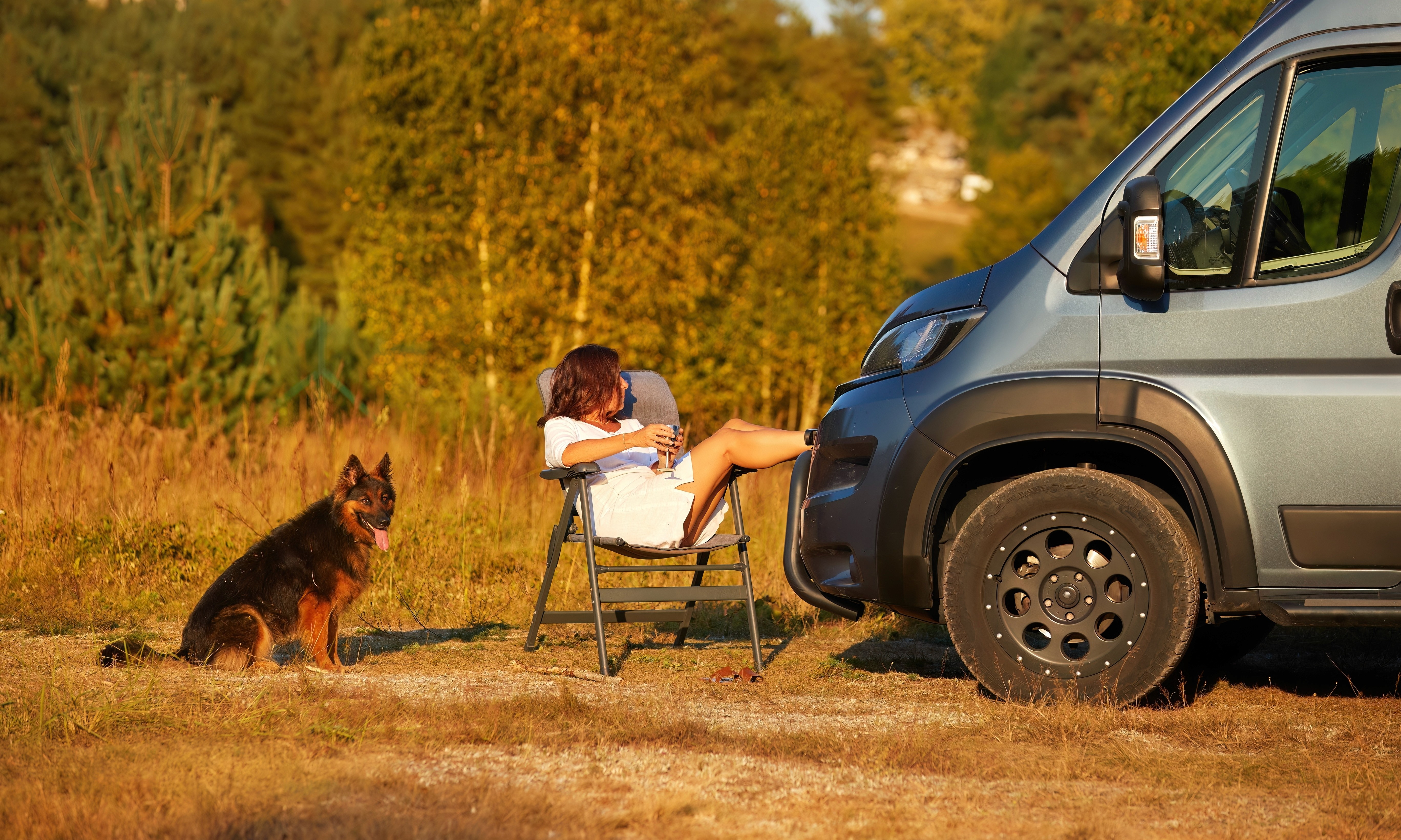 A woman relaxes in a chair beside a campervan with her dog sitting nearby in a sunny outdoor setting.
