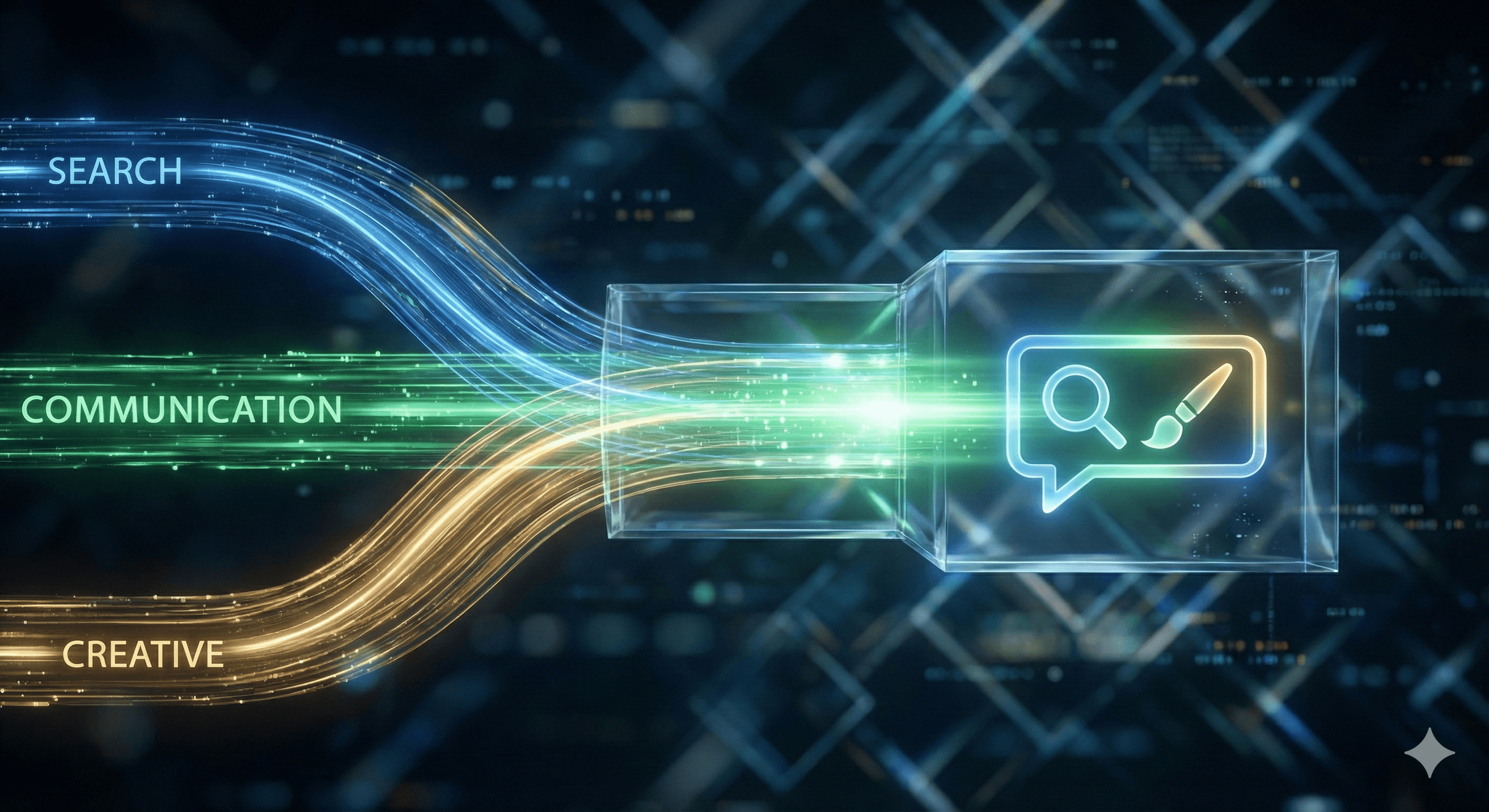 The image depicts a digital visualization of three streams labeled "Search," "Communication," and "Creative" merging into a single glowing icon symbolizing information transfer, illustrating the concept of digital integration and innovation, relevant to Glean updates.