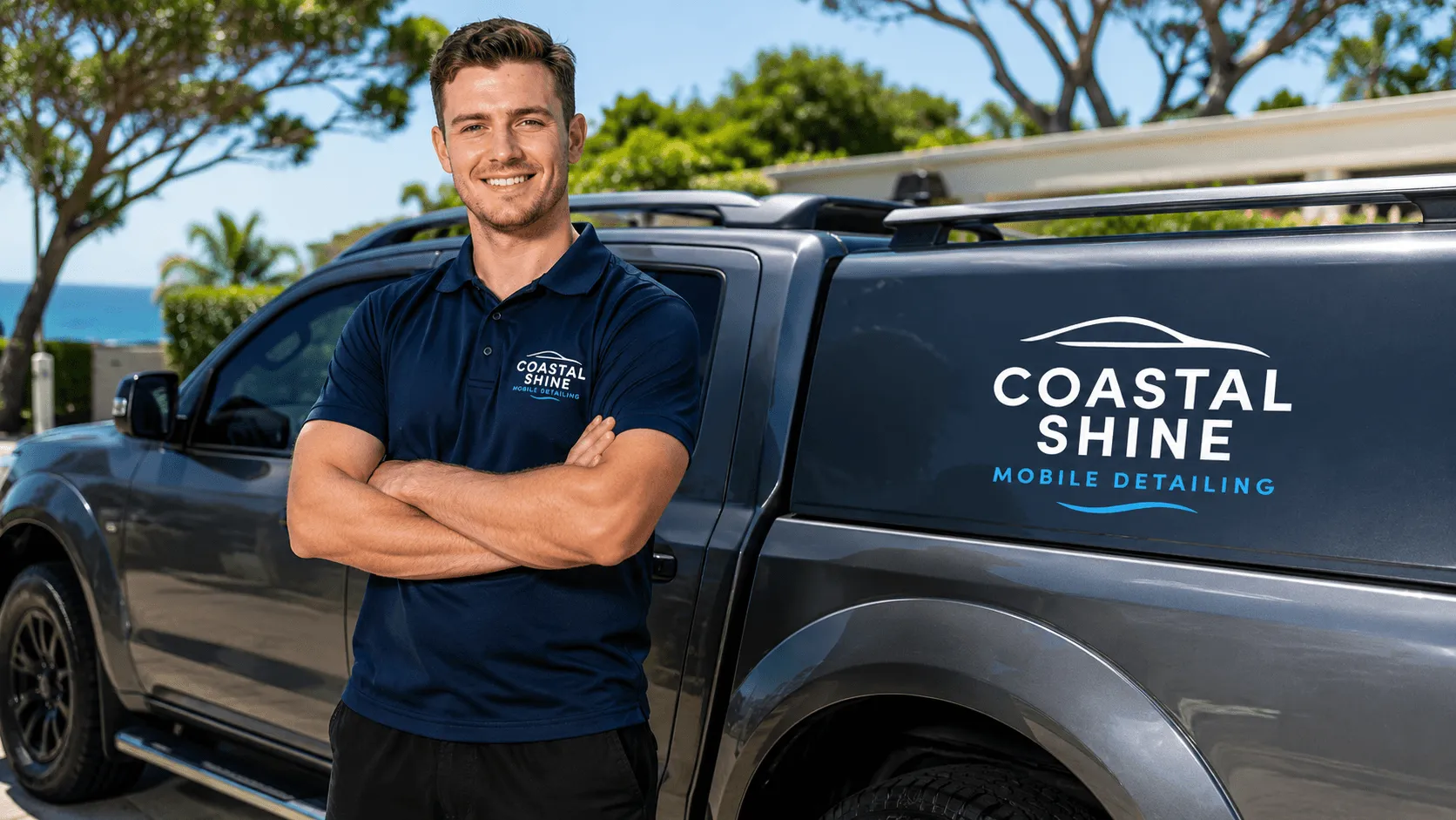 Mobile car detailer standing beside a freshly detailed vehicle in a Perth driveway