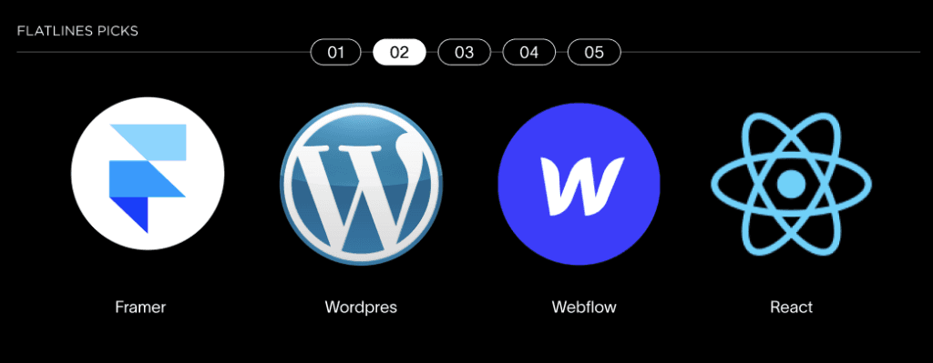 Flatlines Website-Frameworks für B2B: Logos von Framer, WordPress, Webflow und React
