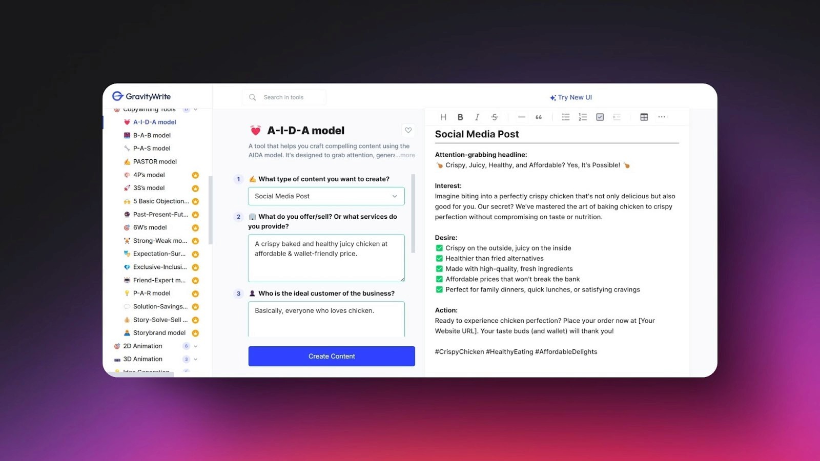 Snapshot of GravityWrite's AIDA model tool creating a social media post about crispy baked chicken, displaying structured content generation steps