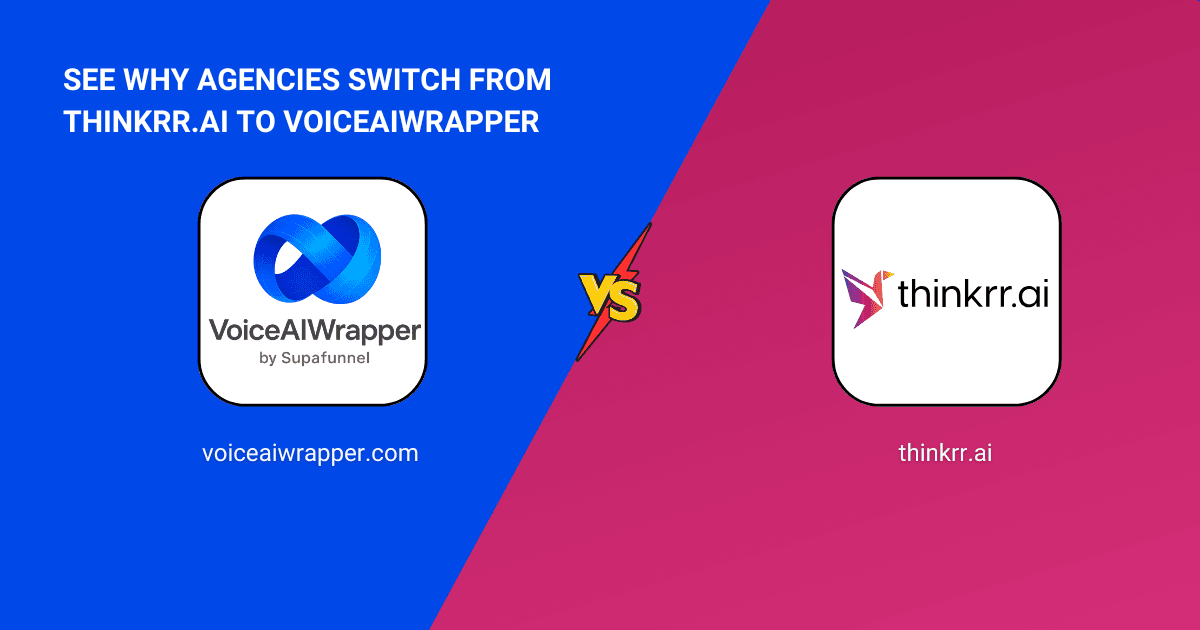 Thinkrr vs VoiceAIWrapper alternative card: 2026 white-label voice AI comparison for digital agencies.