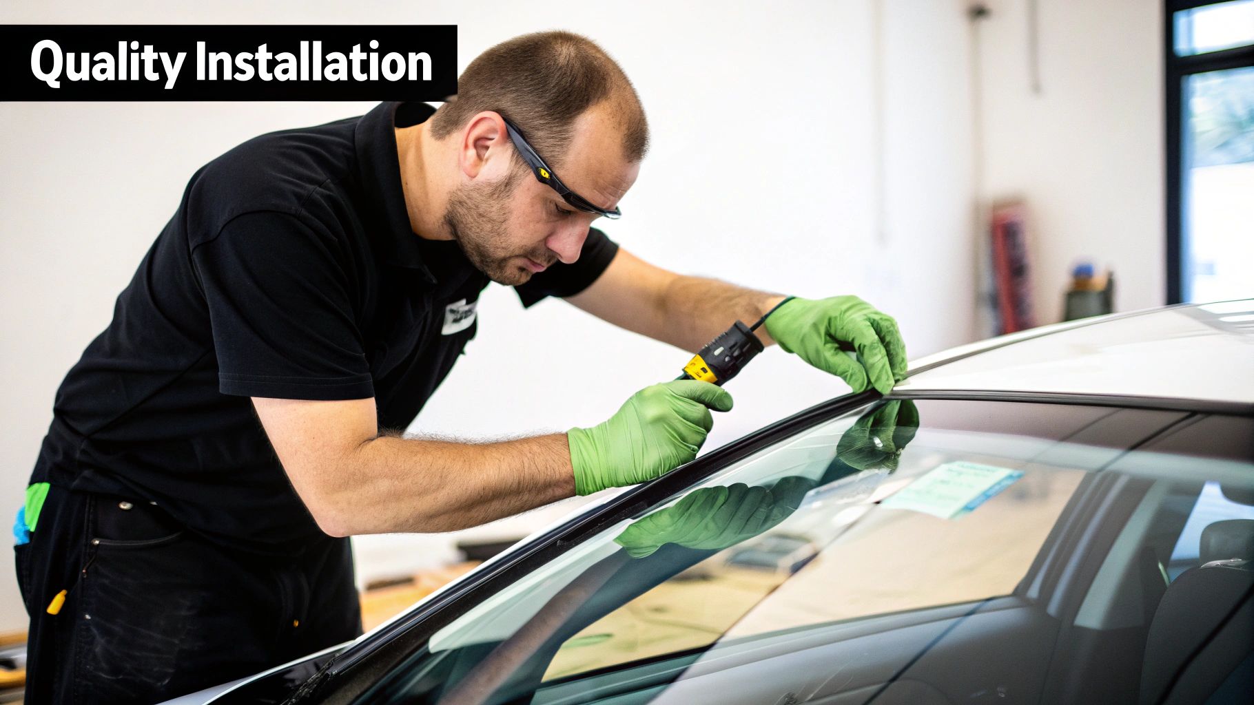A technician in safety glasses and green gloves meticulously installing a car windshield.