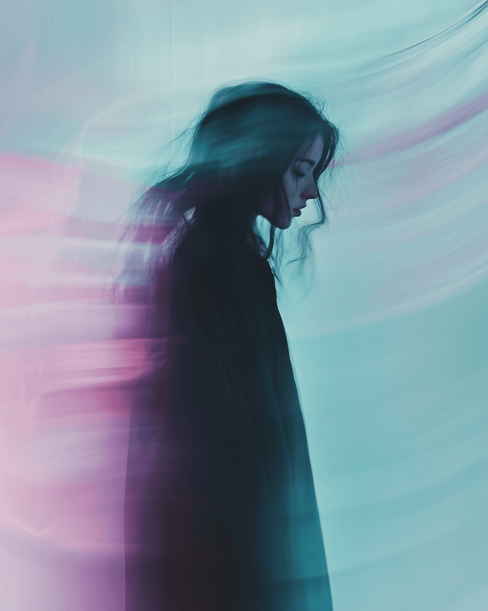 A silhouette of a figure with flowing hair against a soft, colorful background of blues and pinks.