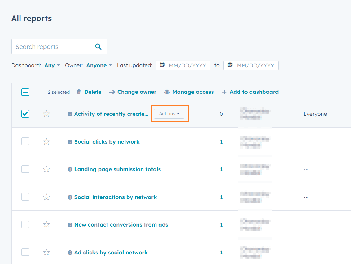 To export the desired report, select it by checking the corresponding box(es), then click on the "Actions" option