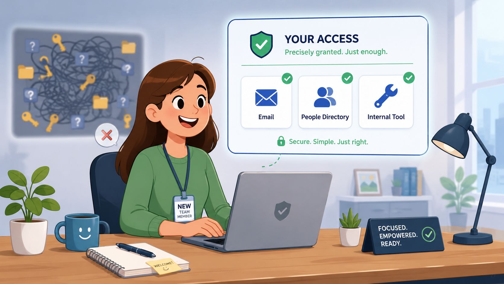 A new team member happily working on her laptop with a visual representation of secure access permissions.