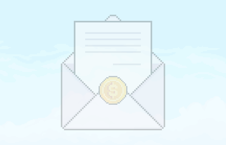 A faded pixel-art illustration of an open envelope with an invoice inside and a gold coin with a dollar symbol on the flap, set against a cloudy sky.