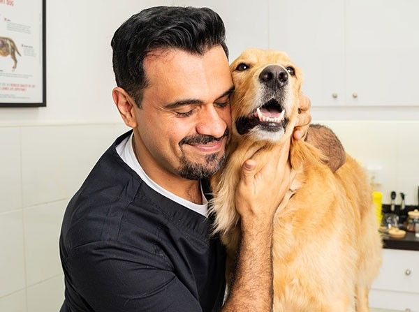 A man in a black shirt smiles while hugging a happy Golden Retriever in a vet clinic. The setting is warm and affectionate, with a poster on the wall.