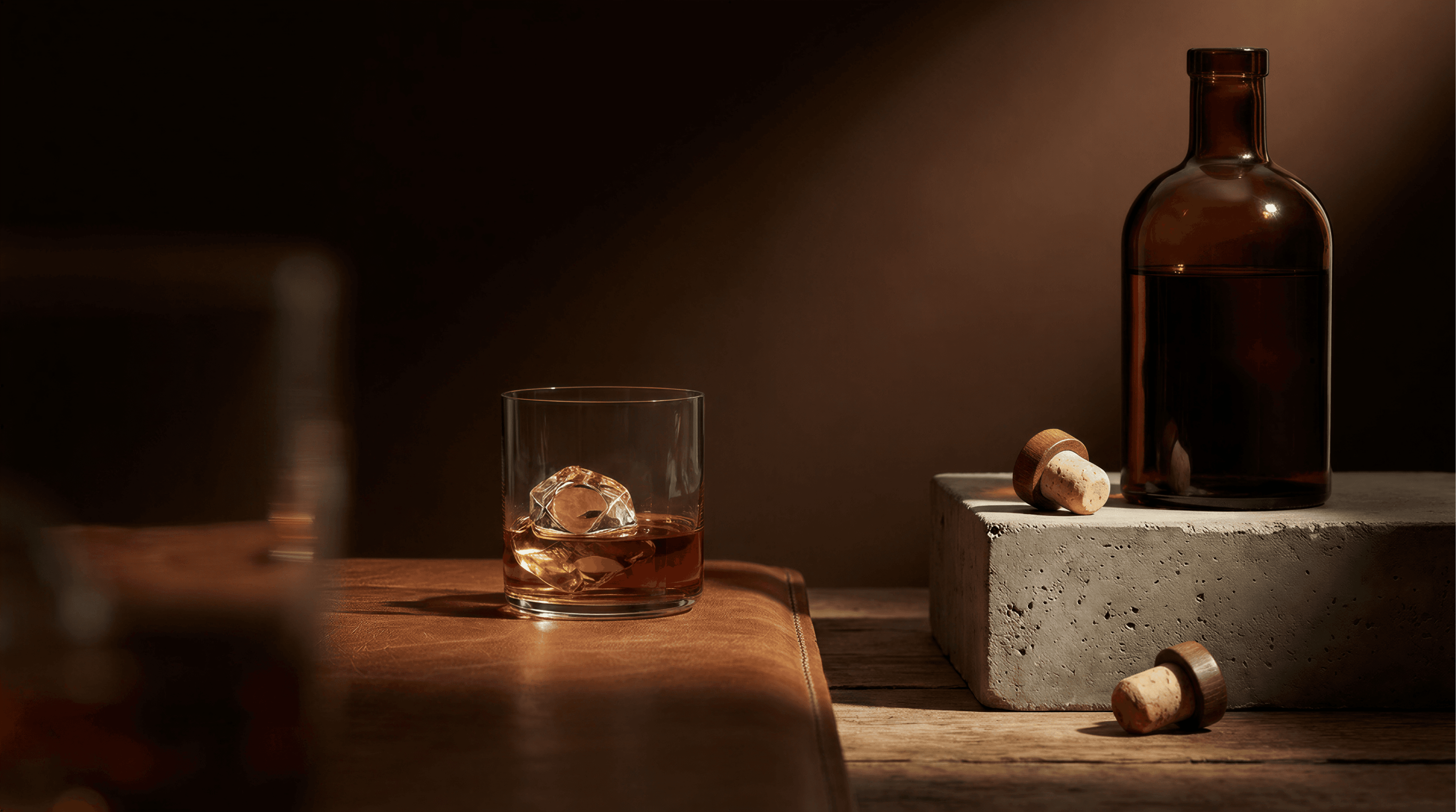 Premium spirits packaging with a bottle, cork stoppers, and a glass of whisky on a wooden surface.